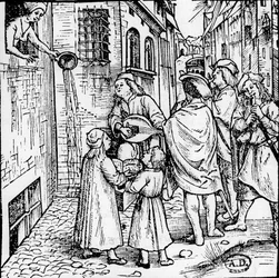Diákszerenád (zenészek), Basel, 1500 körül - metszet, Bibl.