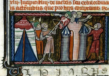 Egy kastély ostroma. Miniatűr egy 13. századi kéziratból. Milánó, Biblioteca Trivulziana.