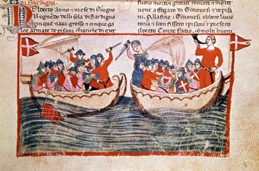 A meloriai csata, amelynek csúcspontja Korzika Genova általi elfoglalása. 1284. Kézirat. Biblioteca Vaticana