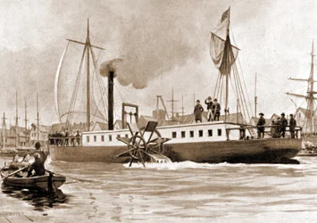 A Clermont, Robert Fulton (1765-1815) által 1807-ben épített hajó a Hudson folyón közlekedő New York - Albany összeköttetéshez. Metszet, 19. század.