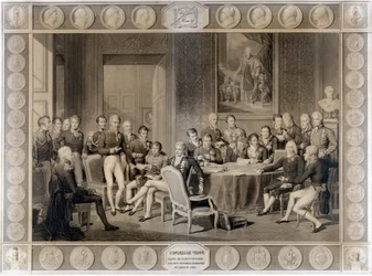 A bécsi kongresszus. A bécsi kongresszus 1815-ben. I. Sándor cár; H.R.Stewart, Castlereagh; I. Ferenc, Ausztria császára; III. Frigyes Vilmos porosz király; Karl August, Hardenbergh hercege; Wilhelm von Humboldt (William of Humboldt