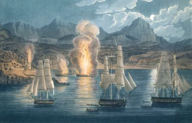 Az angolok francia hajókat pusztítanak a Sagone-öbölben, Korzikán, 1811. április 30-án (színes aquatinta)
