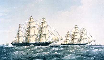 Az 1866-os Great Clipper Ship Race az „Ariel” és a „Taeping” között, amely Kínából Londonba hozta az új teatermést (színes litho)
