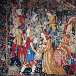 A szüreti parasztok szőlőt préselnek. Részlet. Gyapjú és selyem kárpit. 16. század eleje. Párizs, Középkori Nemzeti Múzeum, Thermes de Cluny