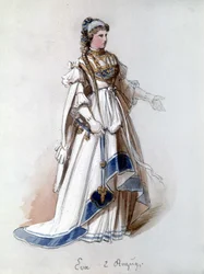 A nürnbergi mesterénekesek (Die Meistersinger von Nürnberg), Richard Wagner által készített opera: Éva jelmeze az első előadásra. Wagner Múzeum, Bayreuth.