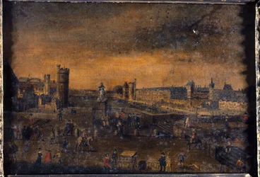 A Pont-Neuf, a Place Dauphine bejárata felől nézve, a Hôtel de Nevers, a Tour de Nesle, a Grande Galerie, a Porte Neuve-vel és a Louvre, 1640 körül, a mai 1. és 6. kerület, 1635 és 1645 között (olaj, vászon).
