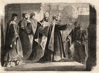 Milánói Szent Ambrosius érsek (Aurelius Ambrosius, Ambrogio di Milano (340-397) megtiltotta a templomba való belépést I. Theodosius (Flavius Theodosius) (347-395) római császárnak, hogy megbüntesse a 390-ben elkövetett thesszaloniki mészárlásért - Excommun