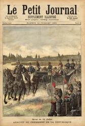 A francia köztársasági elnök, Sadi Carnot (1837-1894) érkezése a Bois de Boulogne-i síkságra a július 14-i folyóirat alkalmából.