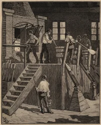 Az üveg művészete: üvegmunkások francia módszerrel üveget gyártanak. Metszet 1885-ből Adolphe BITARD „” Les arts et metiers illustres” című könyvébe.