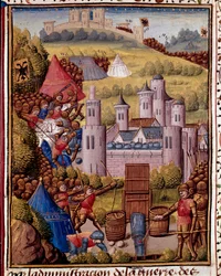 Egy miniatűr város támadása a „Római történelemből” (Ad urbe condita), Tite Live (Kr. e. 59-17) (Titus Livius), fordította Pierre Bressuire (310. sz.) 1450-1500 Chantilly, Musee Conde