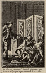 A báró meglepi Candide-ot, amikor leckét ad a kísérleti fizikából lányának, Frontispice-nek, a Francois Marie Arouet, Voltaire által írt „” Candide”-hoz.