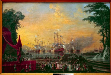 Provence grófja (a leendő XVIII. Lajos) és II. József osztrák császár, névtelen festmény látogatása során felrobban a touloni sáncflotta. 18. századi Párizsi Tengerészeti Múzeum