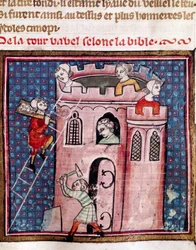 Bábel tornyának építése Guiart Des Moulins 14. századi Troyes városi könyvtárának „Bible Historiale” című kéziratának megvilágított oldalának részlete