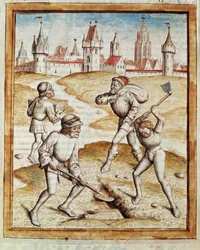 Egy kincstár felfedezése egy erődített város külvárosában Miniatűr, amely Bidpai „Kalila (Calila) és Dimna” meséinek német fordításából származik. (ms. 1389, fol. 1) 1480 körül Chantilly, Museum Conde