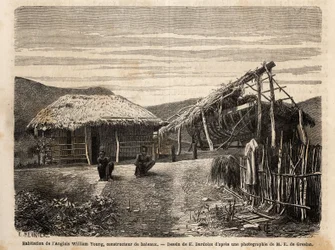 Egy angol építőmester lakása és hajógyára Noumea mellett, aki bennszülött munkaerőt alkalmaz vagy elítéli őket kemény munkájuk végéig. Engravure pour illustrrer le voyage à la Nouvelle Caledonie, Jules Garnier, bányamérnök 18-ban