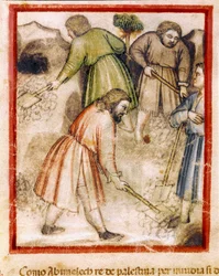 Az irigy filiszteusok a 212-es kódexből (vagy padovano kódexből vagy a padovai Bibliából) 1390-1400 Rovigo, Accademia dei Concordi által írt miniatűr Isaac üreges kutakat töltenek meg