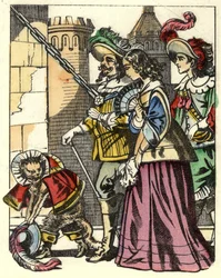 A király, a hercegnő és Carabas márki megérkezik az ogre kastélyába, megelőzve a Macskacsizmát. Illusztráció Charles Perrault „The cat botte” című meséjéről