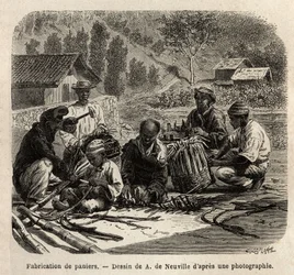Pálmalevél kosarak gyártása, kávégyűjtéshez. Metszet a brazíliai utazás illusztrálására, M. és Mme Agassiz története 1865-1866-ban, megjelent a „Le tour du monde, nouveau Journal des voyages” című folyóiratban, Edouard Charto irányítása alatt