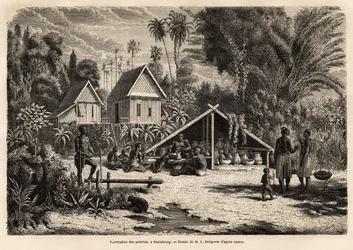 Kerámiagyártás Saniabouryban (Laosz). Metszet az indokínai felfedezőút illusztrálására, Francis Garnier, de Vaissseau hadnagy 1866-1868-ban, megjelent a „Le tour du monde”” 1870-1871-ben, szerkesztette Edouard Charton, Hac kiadás