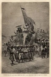 A királyi zászló a sowariban (katonai körmenetben), Barodában (vagy Vadodara), Gujarat államban, India északkeleti partján. Louis Rousselet 1864-1868-as metszete a rádzsák indiai utazásának illusztrálására, megjelent a Le tour du monde