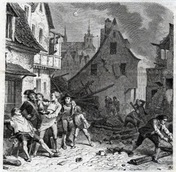 A lillei borotválkozó edény. Egy epizód Lille 1792-es ostromából a francia függetlenségi háborúk idején - Le siege de Lille en octobre 1792 - Revolution francaise - Osztrákok és poroszok bombázása - Borbély fél bombát használ szakálltányérként - engr