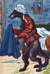 A farkas felveszi a nagymama ruháit. Névtelen illusztráció a „Piroska” című meséhez, Charles Perrault (1628-1703) francia írótól. Képek Marcel Vagne, Jarville Nancy, dátum nélküli (19. század vége).