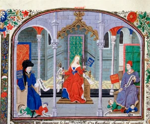 Az igazságosság elmélete. Miniatűr a kéziratból (Ms 927 Fol.71v) Arisztotelész (Kr. e. 383-322) görög filozófus "" Kommentár a politikai és gazdasági etikához" - Nicolas Oresme (1325-1382) fordításában