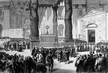 Vatikáni Zsinat I. Róma. Az elöljárók a Szent Péter-bazilikán át a zsinat termébe. 1870