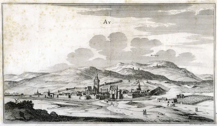 Kilátás Ay városára. Metszet a 18. század végéről.
