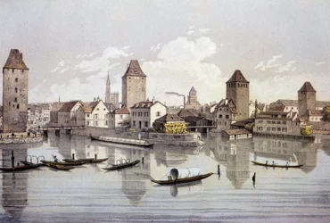 Kilátás Strasbourg városára a Rajnánál. 19. századi metszet Paris, B.N.
