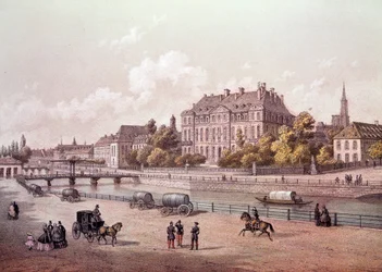 Kilátás Strasbourg városára a Rajnánál. 19. századi metszet Paris, B.N.