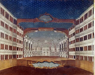 Kilátás a velencei San Samuele (Samuel) színházra, amelyet 1747-ben tűz pusztított el. 18. századi rajz.