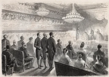 I. Vilmos porosz (1797-1888) látogatása Compiegne-ben: gálaműsor a palotaszínházban III. Napóleon (1808-1873) jelenlétében – Metszet a „” The Illustrous World”-be”