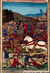 A Közjó Ligájának háborúja (vagy a nemesek lázadása): 1465. július 16-i montlheryi csata XI. Lajos (1423-1483) és Charolais grófja (a leendő Temeraire Károly) (1433-1477) között. Miniatűr a kéziratból megvilágított „” Vigiles du r