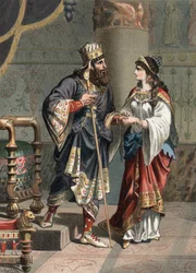 I. Xerxész, Perzsia akhaimenida királya (Kr. e. 519-465), feleségével, Amesztrisszel. 1881-es metszet Juan Justo Huguet „El Culto de la Hermosura” című művében, Molinas Hermanos Editores