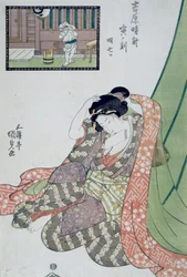 Sárkány órája, Reggel ötödik hetedik órája, 1818 körül, Ukiyo-e művészeti nyomat Utagawa Kunisada (1786-1865) The twelve hours in Yoshiwara, Oban-tate-e fametszet, 37x24,9 cm