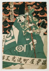 Nakamura Utaemon színész egy kabuki színdarab egyik jelenetében (fametszet)