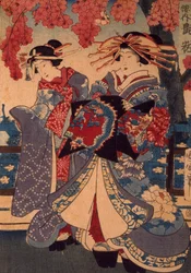 Két nő egy virágos kertben, Utagawa Kunisada, fametszet, krepon technikával