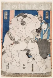 Szumóbirkózók küzdelme. Utagawa Kunisada Stamp (1786-1865) – Sumo Wrestlers in Action, szerző: Kunisada (Toyokuni III), Utagawa (1786-1865). Színes fametszet. Mérete: 37,5x26 cm. Magángyűjtemény
