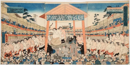 Kanjin Ozumo (szumóbirkózók felvonulása adománygyűjtő küzdelemhez). Estampe de Utagawa Kunisada (1786-1865) – Kanjin Ozumo, Kunisada (Toyokuni III), Utagawa (1786-1865). Színes fametszet, c. 1850. Mérete: 37,5x75,5 cm. Private Collectio