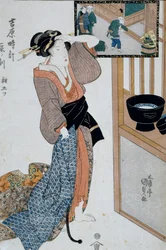 Tigris órája, reggel hetedik órája, 1818 körül, Ukiyo-e művészeti nyomat, Utagawa Kunisada (1786-1865) A tizenkét óra Yoshiwarában, Oban-tate-e fametszet, 37x24,9 cm, japán civilizáció