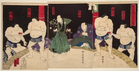 Umegatan és Sakaigawa szumóbirkózók küzdelme. Nyomtatás: Utagawa Kuniaki (1835-1888)