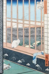 Asakusa Rice Fields a kakas fesztiválja alatt a „100 Views of Edo” sorozatból, pub. 1857 (színes fatömbnyomat)