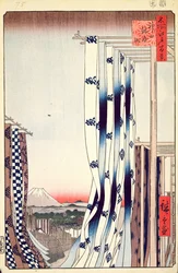 Dyers Quarter, Kanda, 75. sz. Edo száz híres nézetéből, 1856 (fatömb színes nyomat)