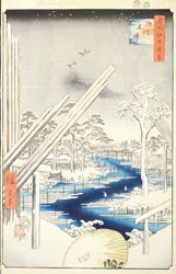 Fukagawa Lumberyards, 106. sz. Edo száz híres nézetéből, 1856 (fatömb színes nyomat)