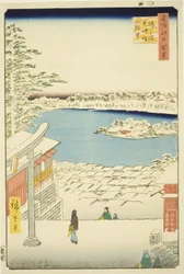 Húzás l és p nézet Yushima Tenjin Shline-ről (Yushima Tenjin Sakaue Tembo), a „Ridge dred fa net s view of Edo (Edo száz nézete)” sorozatból.