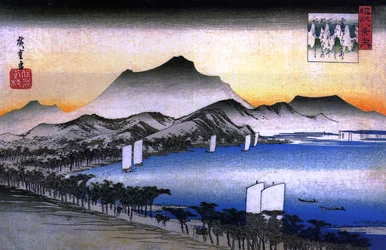 Hiroshige Egy út egy tó mellett néhány csónakkal
