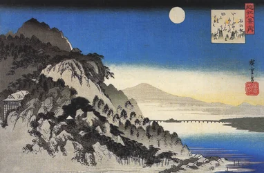 Hiroshige Telihold egy hegyi táj felett