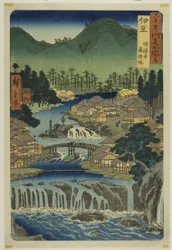 Izu tartomány: A Shuzen templom forró forrásai (Izu, Shuzenji tojiba), a "Hatvan-egynéhány tartomány híres helyei (Rokujuyoshu meisho zue)" sorozatból.
