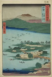 Kaga tartomány: Halásztüzek a Renko-tavon, Kanazawa nyolc festői kilátásának egyike (Kaga, Kanazawa hassho no uchi, Renko no isaribi), a „Híres helyek a hatvanpár tartományban (Rokujuyoshu meisho zue)” sorozatból